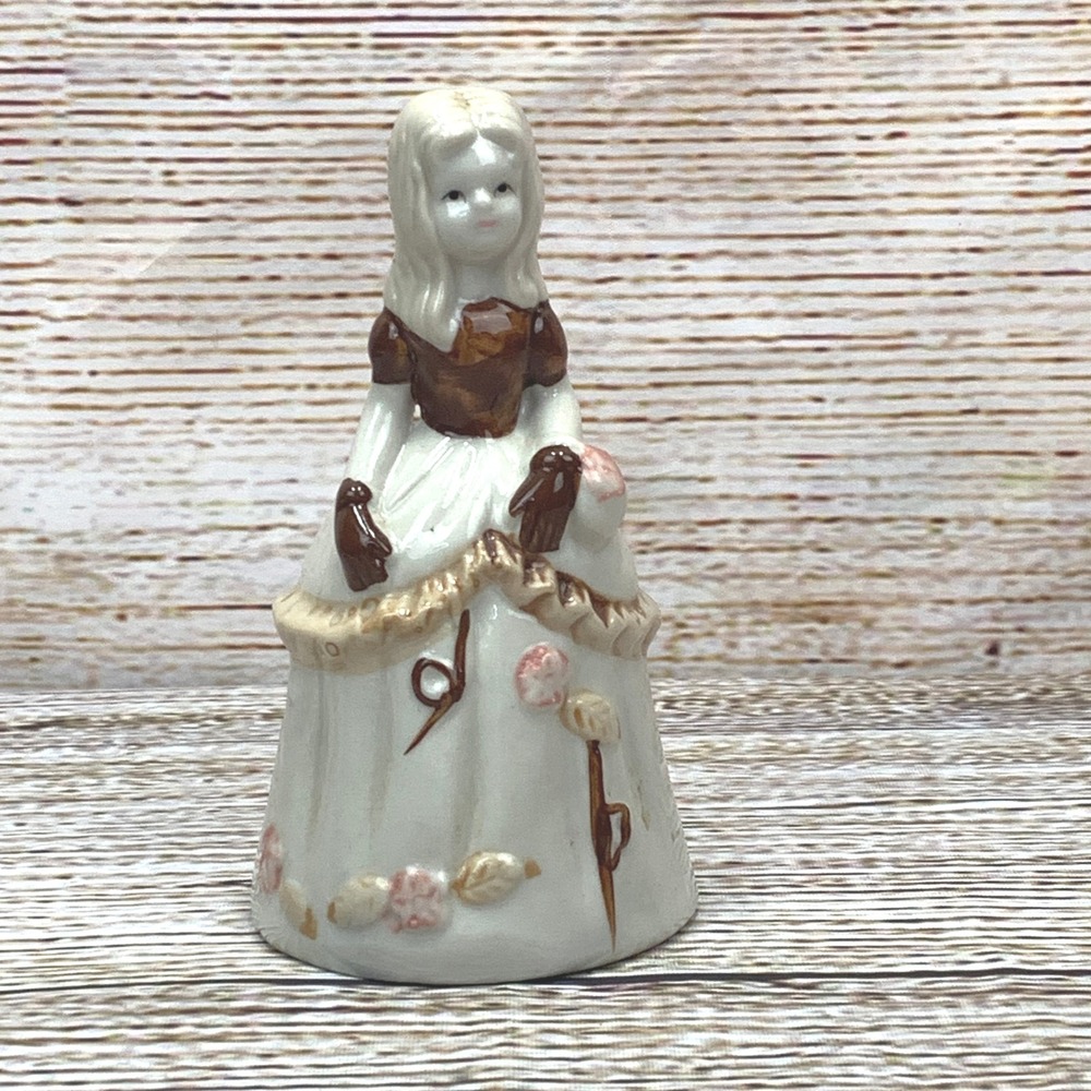 Vintage Ceramic Bell Figurine Girl in Dress with Floral Accent Taiwan‎